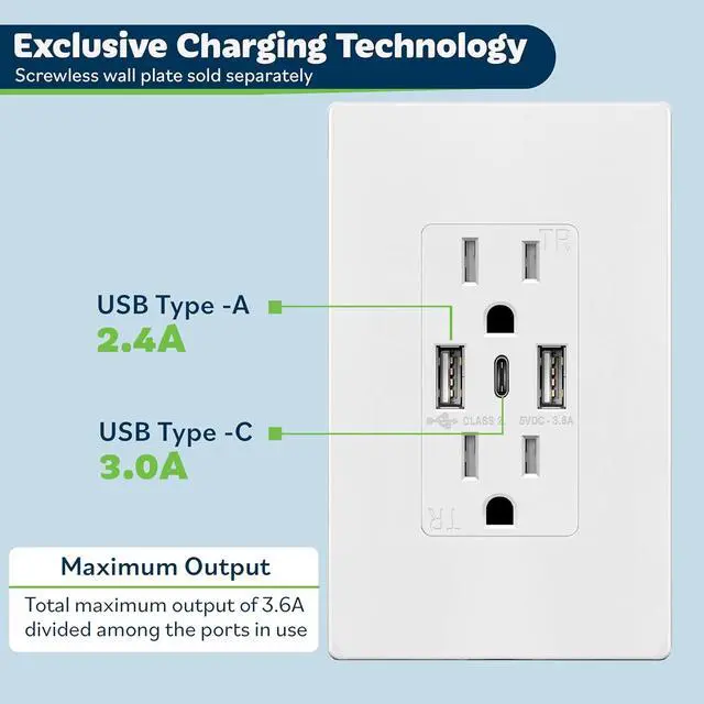 Alt view image 3 of 7 - TOPGREENER USB Outlet, 3-Port Type C 3.6A 18W Wall Outlet, 15 Amp Receptacle, Charging Power Outlet with USB Ports, Compatible with iPhone 16 Series & More, UL Listed, TU21536AC3-2PCS, White, 2 Pack