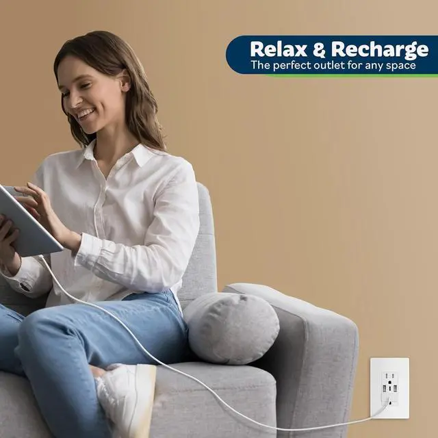 Alt view image 6 of 7 - TOPGREENER USB Outlet, 3-Port Type C 3.6A 18W Wall Outlet, 15 Amp Receptacle, Charging Power Outlet with USB Ports, Compatible with iPhone 16 Series & More, UL Listed, TU21536AC3-2PCS, White, 2 Pack