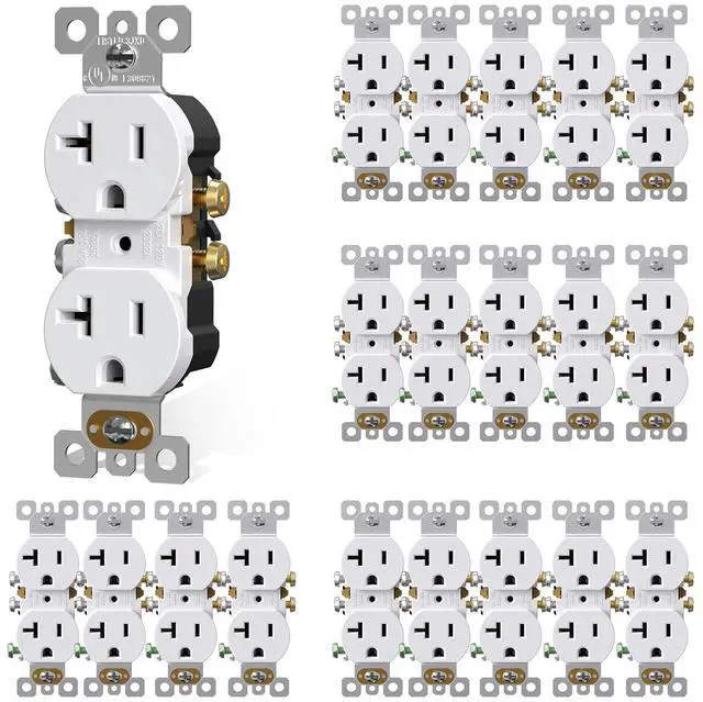 Main image of AIDA 20 Amps Outlets Duplex Electrical Receptacle Outlets, Electrical Outlet, 20Amp 125V Heavy-Duty Wall Outlet, Residential, 3-Wire, Self-Grounding, UL Listed, Side Wire (20 Pack, White)
