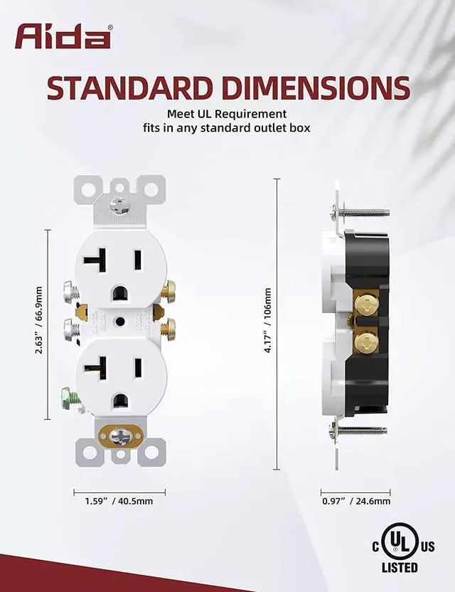Alt view image 6 of 7 - AIDA 20 Amps Outlets Duplex Electrical Receptacle Outlets, Electrical Outlet, 20Amp 125V Heavy-Duty Wall Outlet, Residential, 3-Wire, Self-Grounding, UL Listed, Side Wire (20 Pack, White)