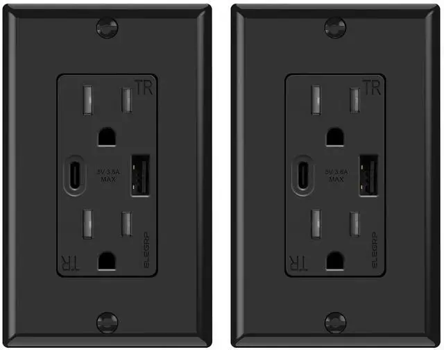 Main image of ELEGRP USB Wall Outlets, 15 Amp USB C Wall Outlets Receptacles, Outlets with USB A and USB C Ports, Tamper Resistant Receptacle, Wall Plate Included, UL Listed, 2 Pack, Black