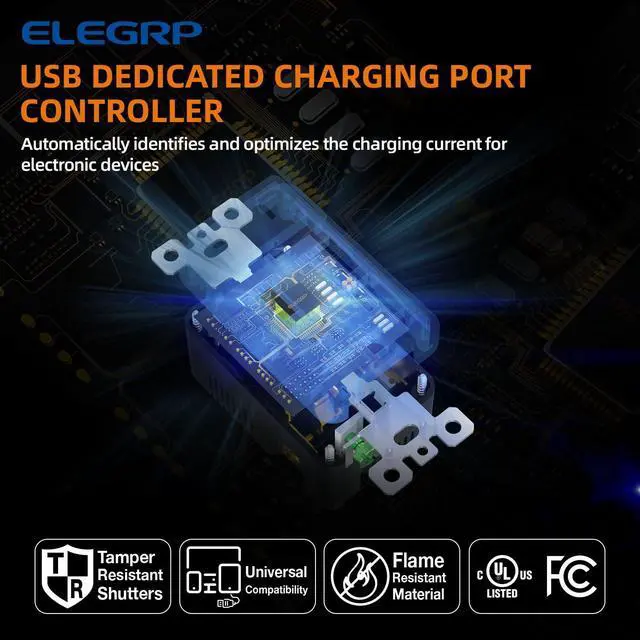 Alt view image 4 of 7 - ELEGRP USB Wall Outlets, 20 Amp USB C Wall Outlets Receptacles, Outlets with USB A and C Ports, Tamper Resistant Receptacle, Wall Plate Included, UL Listed, 5 Pack, Black