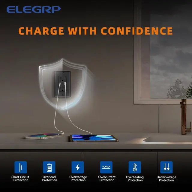 Alt view image 6 of 7 - ELEGRP USB Wall Outlets, 15 Amp USB C Wall Outlets Receptacles, Outlets with USB A and USB C Ports, Tamper Resistant Receptacle, Wall Plate Included, UL Listed, 2 Pack, Black