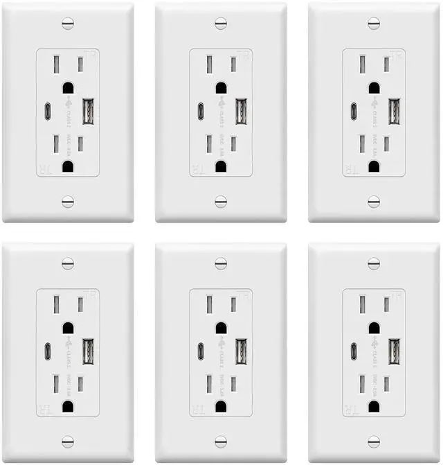 Main image of TOPGREENER USB Outlet, Type C & Type A USB Wall Outlet, 15 Amp Tamper Resistant Receptacle Plug, Charging Power Outlet with USB Ports, Wall Plate Included, UL Listed, TU21536AC-W-6PCS, White, 6 Pack