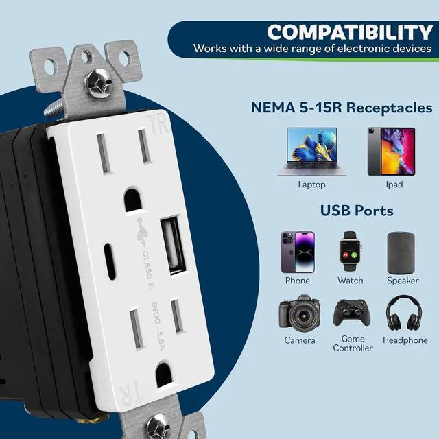 Alt view image 2 of 7 - TOPGREENER USB Outlet, Type C & Type A USB Wall Outlet, 15 Amp Tamper Resistant Receptacle Plug, Charging Power Outlet with USB Ports, Wall Plate Included, UL Listed, TU21536AC-W-6PCS, White, 6 Pack