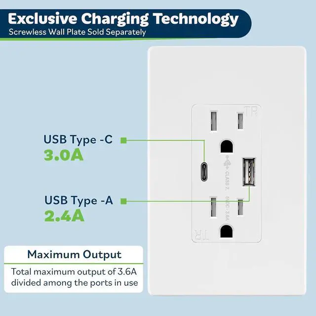 Alt view image 3 of 7 - TOPGREENER USB Outlet, Type C & Type A USB Wall Outlet, 15 Amp Tamper Resistant Receptacle Plug, Charging Power Outlet with USB Ports, Wall Plate Included, UL Listed, TU21536AC-W-6PCS, White, 6 Pack
