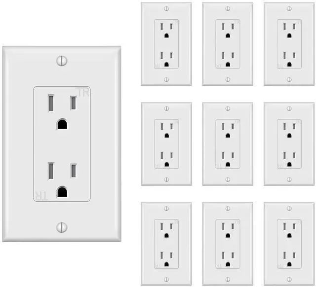 Main image of Decorator Receptacle Outlet with Wall Plate, Tamper-Resistant Electrical Outlet, Residential Grade, 3-Wire, 15A 125V, Self-Grounding, 2-Pole, UL Listed, White (10 Pack)