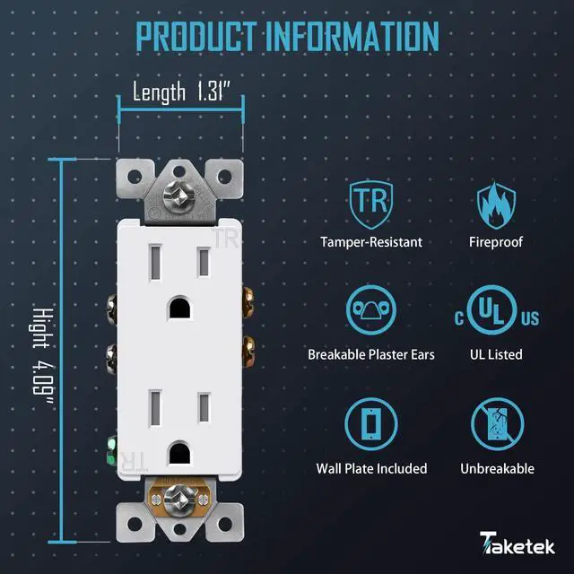 Alt view image 2 of 6 - Decorator Receptacle Outlet with Wall Plate, Tamper-Resistant Electrical Outlet, Residential Grade, 3-Wire, 15A 125V, Self-Grounding, 2-Pole, UL Listed, White (10 Pack)
