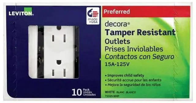 Main image of Leviton 15 Amp Decora Tamper-Resistant Duplex Electrical Wall Outlet, 10 Pack, T5325-WMP, White