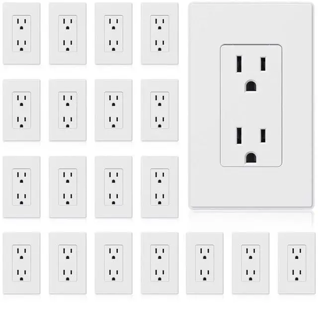 Main image of ELEGRP Matte White Standard Decorator Electrical Wall Receptacle Outlet, 15A 125V, 2 Pole 3 Wire, Non- Tamper Resistant, NEMA 5-15R, Self-Grounding, Wall Plate Included, UL Listed, 20 Pack