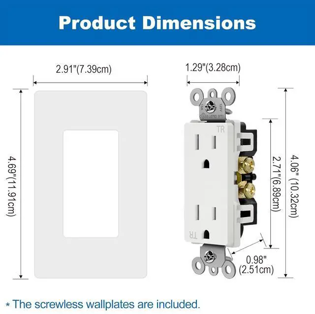 Alt view image 7 of 7 - BESTTEN 30 Pack 15 Amp Decorator Wall Outlet, 15A Standard Electrical TR (Tamper Resistant) Receptacle, Screwless Wall Plate Included, Commercial and Residential Use, UL Listed, White