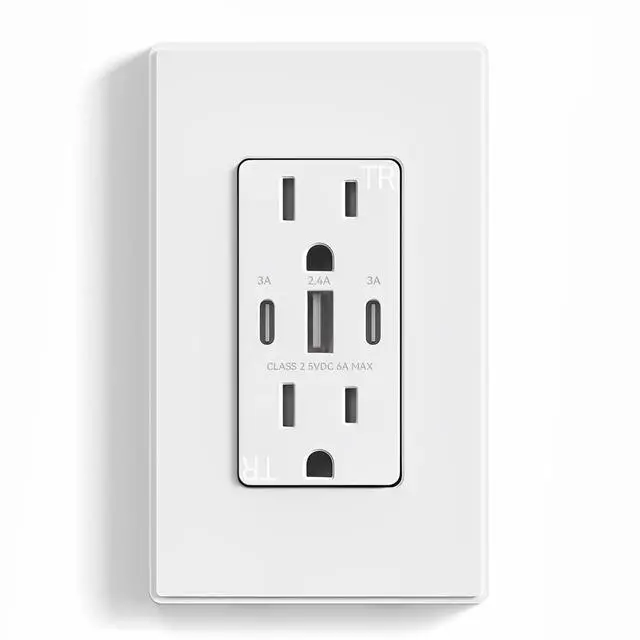 Main image of ELEGRP 30W 6.0 Amp 3-Port USB Wall Outlet, 15A Receptacle with Dual Type C & A Ports, Charger for iPhone/iPad/Samsung/LG/HTC/Android Devices, UL Listed, w/Wall Plate, 1 Pack, Matte White