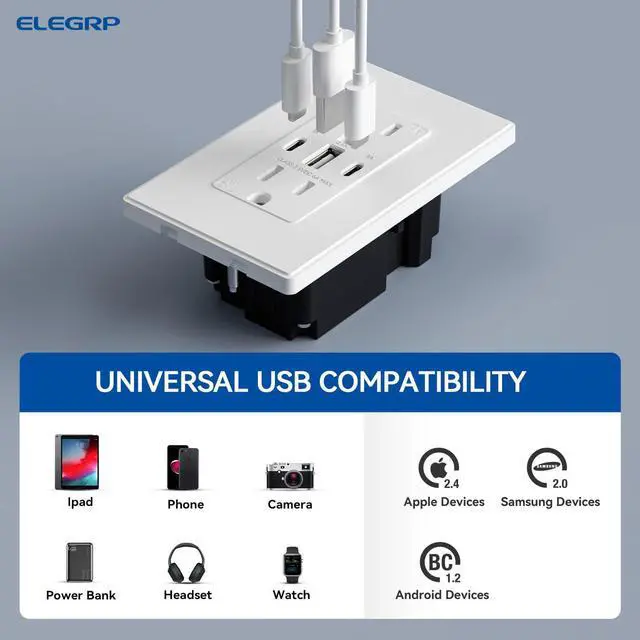 Alt view image 5 of 7 - ELEGRP USB Outlets, 30W 6.0 Amp USB C Outlets Receptacles, 3-Port USB Wall Outlet, 15 Amp Tamper-Resistant Outlet with 2 USB C Ports, UL Listed, Screwless Wall Plate Included, 10 Pack, Matte White