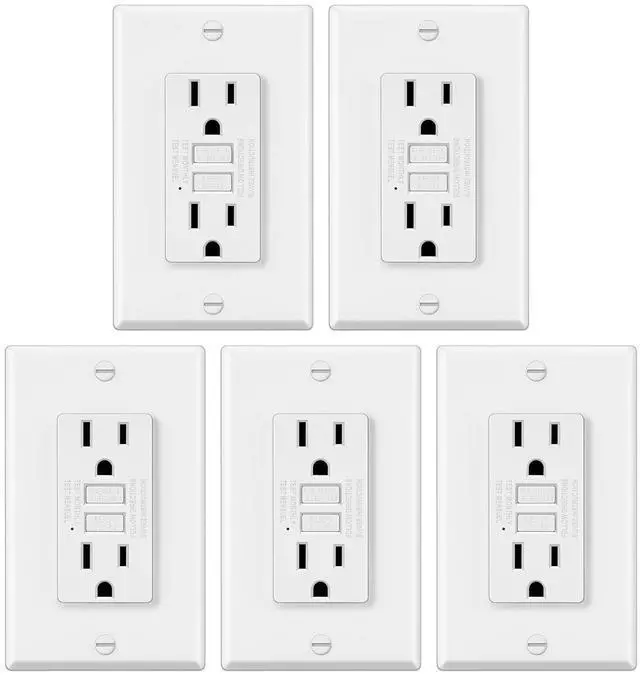 Main image of ELECTECK 5 Pack GFCI Outlets 15 Amp, Non-Tamper Resistant, Decor GFI Receptacles with LED Indicator, Ground Fault Circuit Interrupter, Wallplate Included, ETL Listed, White