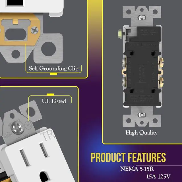 Alt view image 2 of 7 - ENERLITES Decorator Wall Receptacle Outlet, Tamper-Resistant Standard Electrical Wall Outlet, Residential Grade, 3-Wire, Self-Grounding, 2-Pole, 15A 125V, UL Listed, 61501-TR-W-10PCS, White (10 Pack)