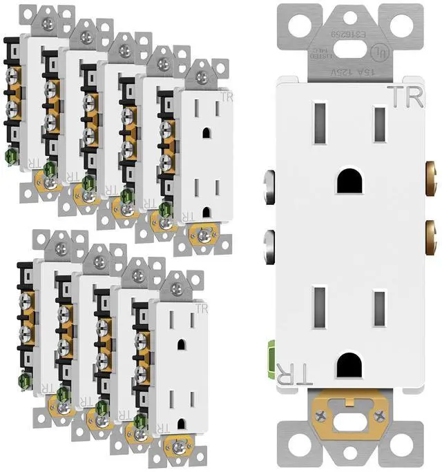 Main image of ENERLITES Decorator Wall Receptacle Outlet, Tamper-Resistant Standard Electrical Wall Outlet, Residential Grade, 3-Wire, Self-Grounding, 2-Pole, 15A 125V, UL Listed, 61501-TR-W-10PCS, White (10 Pack)