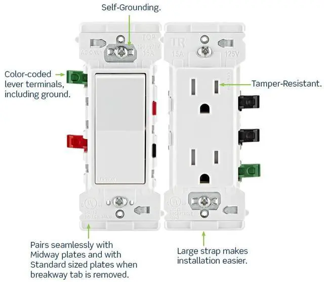 Alt view image 2 of 7 - Leviton Lever Edge 15 Amp Tamper-Resistant Duplex Wall Outlet, 10-Pack, E5325-MW, White