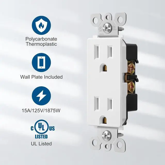Alt view image 2 of 7 - [10 Pack] DEWENWILS Decorator Receptacle Outlet with Wall Plate, 15 Amp Standard Electrical Wall Outlet, Non-Tamper Resistant, UL Listed, White