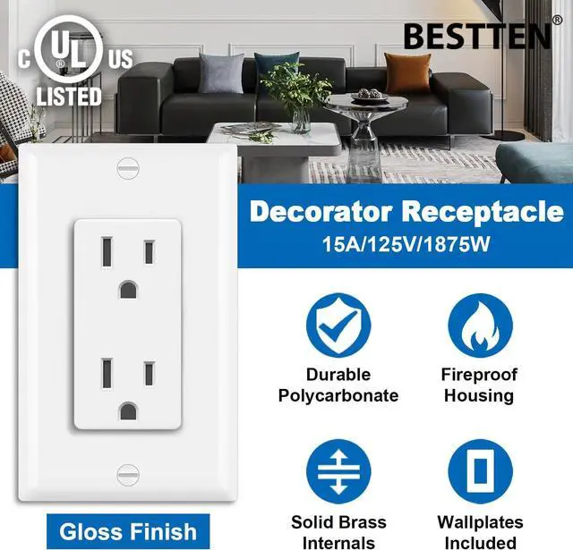 Alt view image 2 of 7 - BESTTEN 30 Pack 15 Amp Decorator Receptacle Outlet, Decor Standard Electrical Wall Outlet, Residential and Commercial Use, Non-Tamper-Resistant,15A/125V/1875W, Wallplate Included, UL Listed, White