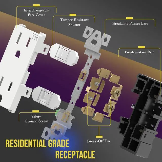 Alt view image 5 of 7 - ENERLITES Decorator Wall Receptacle Outlet, Tamper-Resistant Standard Electrical Wall Outlet, Residential Grade, 3-Wire, Self-Grounding, 2-Pole, 15A 125V, UL Listed, 61501-TR-W-10PCS, White (10 Pack)