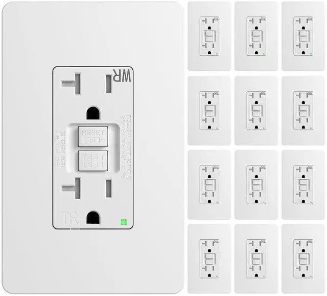 Main image of Amico 12 Pack GFCI Outlet 20 Amp, with Wall Plate and Thinner Construction, LED Power Safety Indicator, Self-Testing, Weather Resistant (WR) Receptacles for Outdoor or Indoor Use, ETL Listed, White