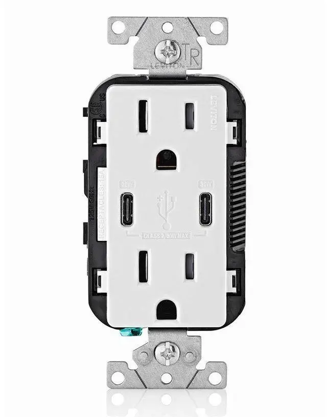 Main image of Leviton T5635-W 30W (6A) USB Dual Type-C/C Power Delivery In-Wall Charger with 15A Tamper-Resistant Outlet, USB Charger for Smartphones, Tablets, Laptops, White
