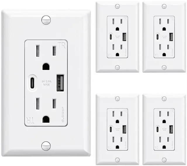 Main image of ELEGRP USB Wall Outlets, 15 Amp USB C Wall Outlets Receptacles, Outlets with USB A and USB C Ports, Tamper Resistant Receptacle, Wall Plate Included, UL Listed, 5 Pack, White