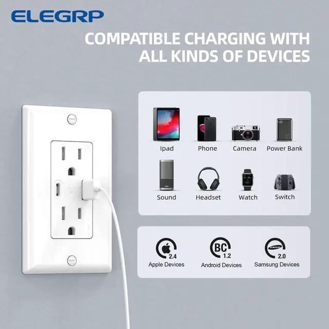 Alt view image 3 of 7 - ELEGRP USB Wall Outlets, 15 Amp USB C Wall Outlets Receptacles, Outlets with USB A and USB C Ports, Tamper Resistant Receptacle, Wall Plate Included, UL Listed, 5 Pack, White