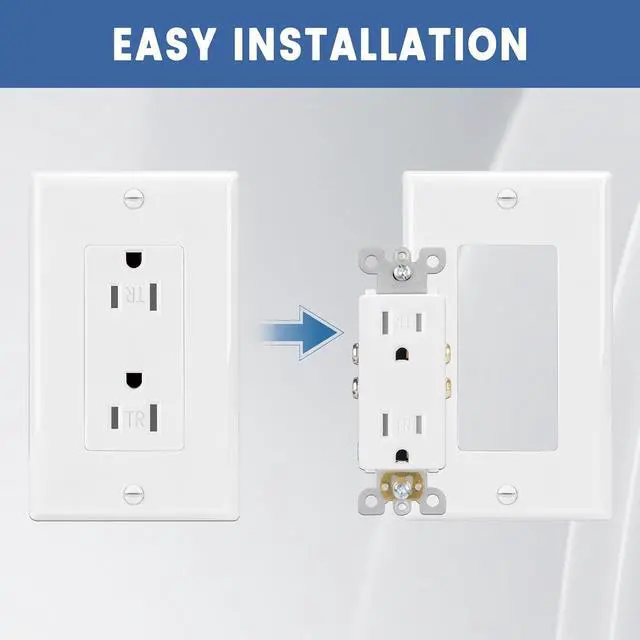 Alt view image 3 of 7 - ThunderWay Decorator Wall Receptacle Outlet, Child-Safe Tamper-Resistant, Residential and Commercial Use, Wallplate Included, 15A/125V, 2 Pole 3 Wire, UL Listed, White (10 Pack)