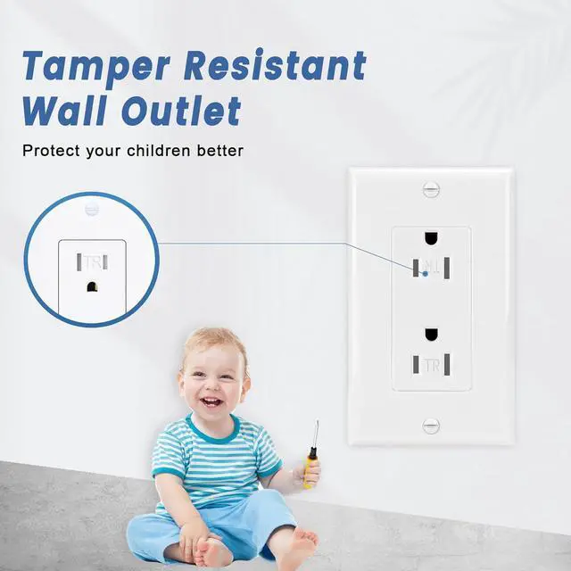 Alt view image 4 of 7 - ThunderWay Decorator Wall Receptacle Outlet, Child-Safe Tamper-Resistant, Residential and Commercial Use, Wallplate Included, 15A/125V, 2 Pole 3 Wire, UL Listed, White (10 Pack)