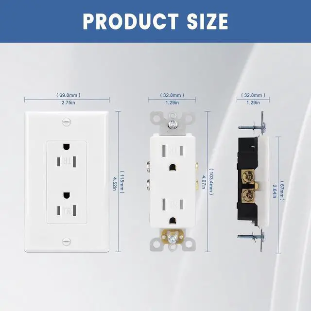 Alt view image 7 of 7 - ThunderWay Decorator Wall Receptacle Outlet, Child-Safe Tamper-Resistant, Residential and Commercial Use, Wallplate Included, 15A/125V, 2 Pole 3 Wire, UL Listed, White (10 Pack)
