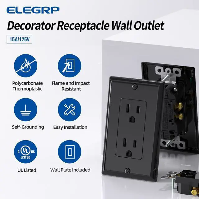 Alt view image 2 of 6 - ELEGRP Decorator Receptacle, 15A 125V Standard Electrical Wall Outlet, 2 Pole 3 Wire, Non-Tamper Resistant, NEMA 5-15R, Self-Grounding Residential Grade, w/Wall Plate, UL (Glossy Black, 10 Pack)