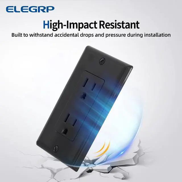 Alt view image 3 of 6 - ELEGRP Decorator Receptacle, 15A 125V Standard Electrical Wall Outlet, 2 Pole 3 Wire, Non-Tamper Resistant, NEMA 5-15R, Self-Grounding Residential Grade, w/Wall Plate, UL (Glossy Black, 10 Pack)