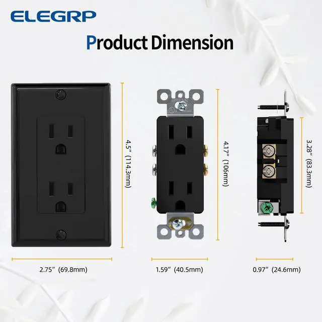 Alt view image 5 of 6 - ELEGRP Decorator Receptacle, 15A 125V Standard Electrical Wall Outlet, 2 Pole 3 Wire, Non-Tamper Resistant, NEMA 5-15R, Self-Grounding Residential Grade, w/Wall Plate, UL (Glossy Black, 10 Pack)