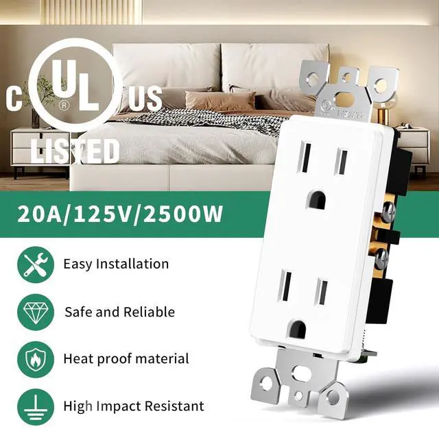 Alt view image 2 of 7 - 20 Pack - POWAWINI Standard Electrical Outlet 15 Amp, 2 Pole 3 Wire, Non-Tamper Resistant, NEMA 5-15R, Self-Grounding Residential Grade, UL Listed, White Decorator Receptacle with Wall Plate and Screw