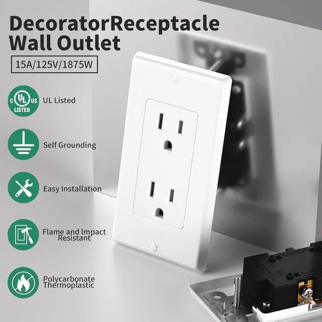 Alt view image 3 of 7 - 20 Pack - POWAWINI Standard Electrical Outlet 15 Amp, 2 Pole 3 Wire, Non-Tamper Resistant, NEMA 5-15R, Self-Grounding Residential Grade, UL Listed, White Decorator Receptacle with Wall Plate and Screw