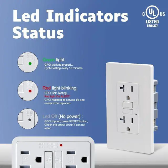 Alt view image 2 of 7 - 20 Amp GFCI Outlet, TR Tamper-Resisitant GFI Electrical Outlet with Thinner Design, Self-Test Ground Fault Circuit Interrupter with Screwless Wall Plate, UL Listed, Matte White, 6 Pack