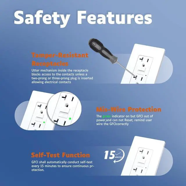 Alt view image 4 of 7 - 20 Amp GFCI Outlet, TR Tamper-Resisitant GFI Electrical Outlet with Thinner Design, Self-Test Ground Fault Circuit Interrupter with Screwless Wall Plate, UL Listed, Matte White, 6 Pack