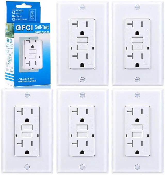 Main image of 20 Amp GFCI Outlet, Tamper-Resistant GFI Receptacle with LED Indicator, Self-Test Ground Fault Circuit Interrupter, Decorator Wall Plates and Screws Included, UL Listed, White5 Pack