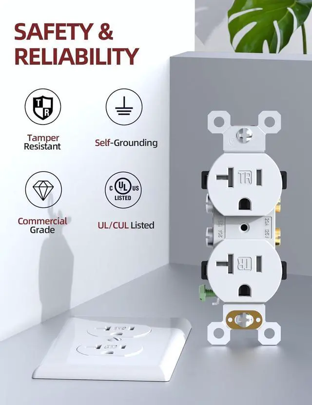 Alt view image 2 of 7 - AIDA 20 Amps Outlets Duplex Electrical Receptacle Outlets,Tamper Resistant,Heavy-Duty Receptacle Wall Outlet,Residential,TR,3-Wire, Self-Grounding Clip,Wall Plate Included,UL Listed (20 Pack, White)