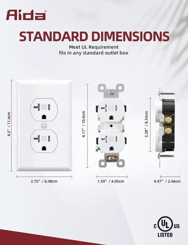 Alt view image 3 of 7 - AIDA 20 Amps Outlets Duplex Electrical Receptacle Outlets,Tamper Resistant,Heavy-Duty Receptacle Wall Outlet,Residential,TR,3-Wire, Self-Grounding Clip,Wall Plate Included,UL Listed (20 Pack, White)