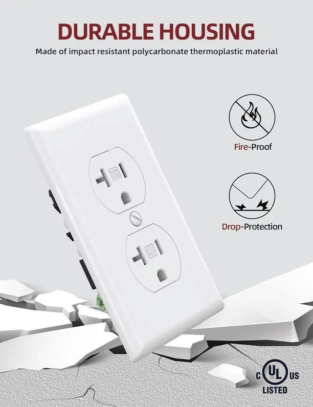 Alt view image 4 of 7 - AIDA 20 Amps Outlets Duplex Electrical Receptacle Outlets,Tamper Resistant,Heavy-Duty Receptacle Wall Outlet,Residential,TR,3-Wire, Self-Grounding Clip,Wall Plate Included,UL Listed (20 Pack, White)