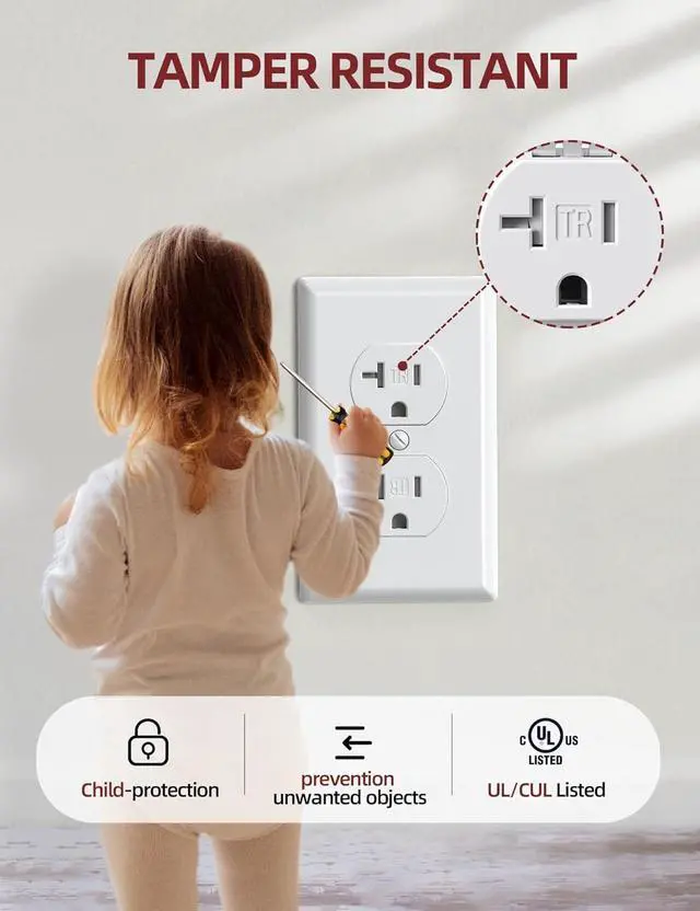 Alt view image 5 of 7 - AIDA 20 Amps Outlets Duplex Electrical Receptacle Outlets,Tamper Resistant,Heavy-Duty Receptacle Wall Outlet,Residential,TR,3-Wire, Self-Grounding Clip,Wall Plate Included,UL Listed (20 Pack, White)