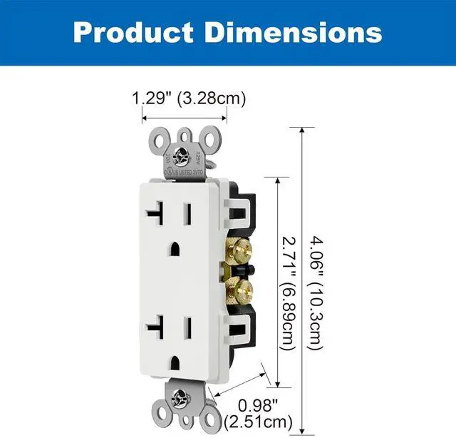 Alt view image 6 of 7 - BESTTEN 10 Pack 20 Amp Decorator Wall Receptacle Outlet, Non-Tamper-Resistant, 20A/125V/2500W, Residential and Commercial Use, UL Listed, White