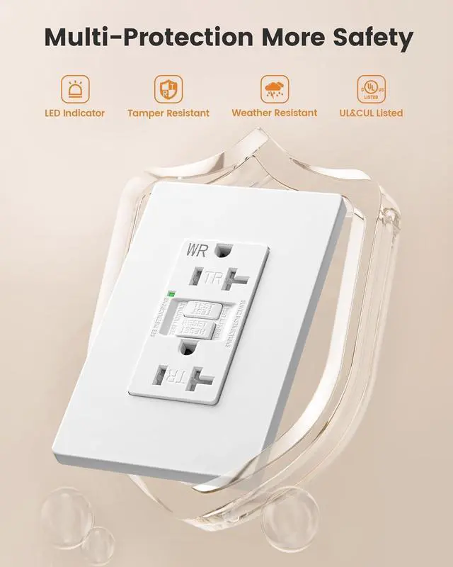 Alt view image 3 of 7 - SURAIELEC GFCI Outlet 20 Amp, 10 Pack Self-Test GFI Electrical Outlets, Tamper&Weather-Resistant, GFCI Receptacle with Screwless Wall Plates, GFCI for Bathroom, Kitchen, and Outdoor, UL Listed, White