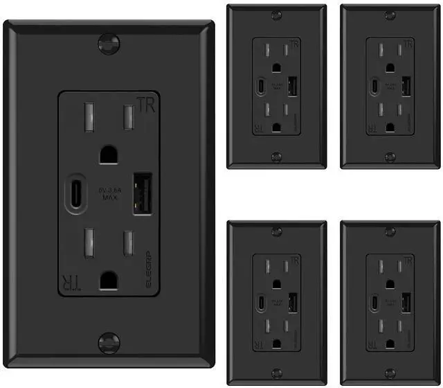 Main image of ELEGRP USB Wall Outlets, 15 Amp USB C Wall Outlets Receptacles, Outlets with USB A and C Ports, Tamper Resistant Receptacle, Wall Plate Included, UL Listed, 5 Pack, Black