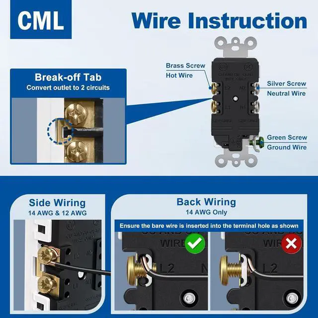 Alt view image 4 of 7 - CML 20 Amp Decorator Wall Receptacle, Decor Electrical Outlets, 20A/125V, Residential and Commercial Use, Non-Tamper-Resistant, UL Listed, White, 50 Pack