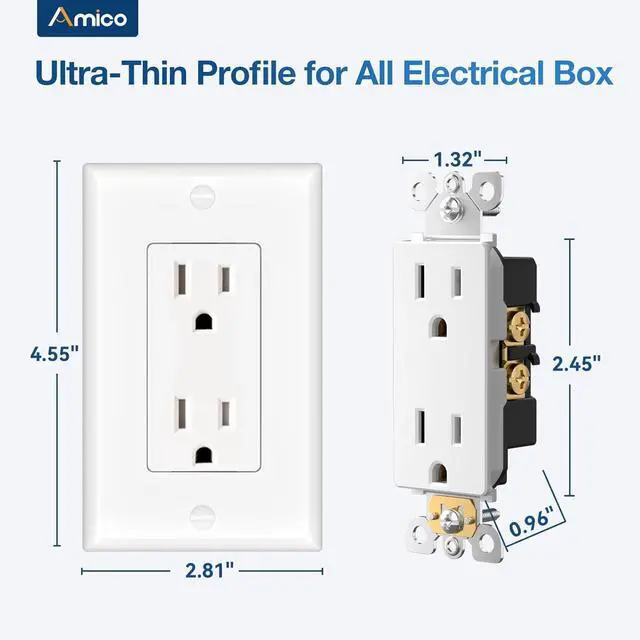 Alt view image 5 of 7 - 50 Pack Wall Outlet, 15 Amp Outlets, UL Listed, Tamper Resistant Standard Electrical Outlet, Decorator Receptacle with Wall Plate, Suitable for Home and Business, 125V/1875W, White