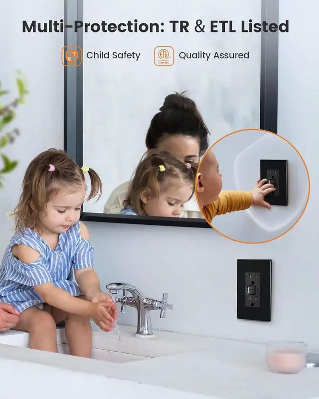 Alt view image 4 of 7 - SURAIELEC 15 Amp GFCI Outlet with USB Ports, Self-Test GFCI Combination with USB-C & USB-A, Tamper-Resistant GFCI Electrical Outlet, GFCI USB Outlet with Screwless Wall Plate, ETL Listed, Black,1-Pack