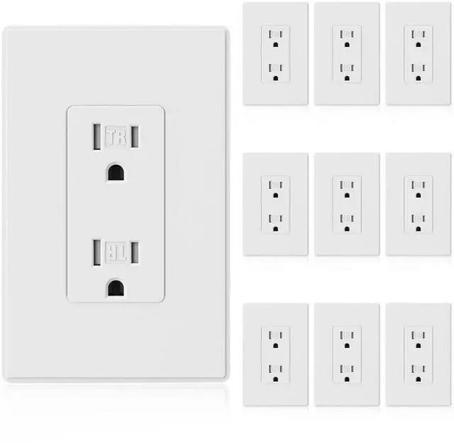 Main image of ELEGRP Matte White Decorator Wall Receptacle Outlets, Tamper Resistant 15 Amp Standard Electrical Wall Outlet, Residential Grade, Self-grounding, 125V, Mid Size Wall Plate Included, UL Listed, 10 Pack
